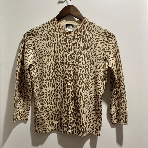 Vintage J. Crew Heritage Animal Leopard Pr. Wool 3/4 Sleeve Sweater Cardigan S/M - Picture 1 of 6